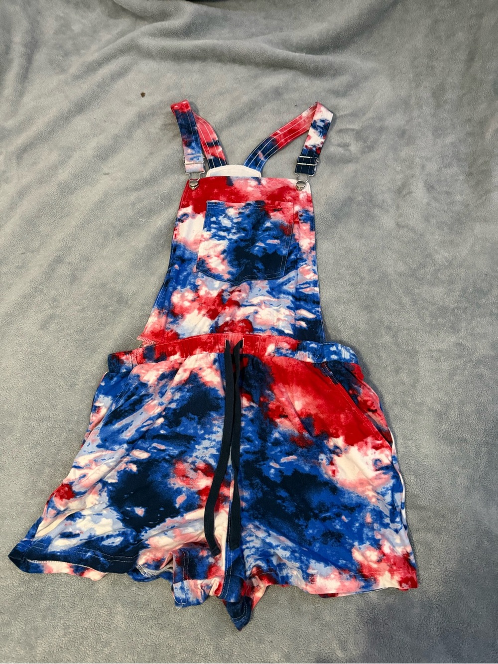 No Boundaries Red, White & Blue Tie-Dye Short Overalls Romper